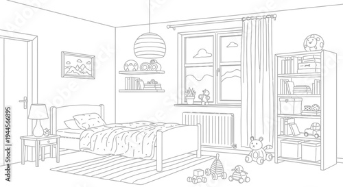 Line art drawing of a cozy child's bedroom with a bed, window, bookshelf, and toys on the floor.
