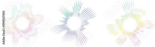 Colorful rainbow dotted burst shapes in different colors on white background  abstract graphic design elements