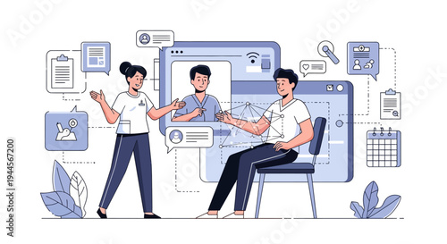 Online medical consultation with doctor and patient, featuring virtual healthcare services and digital record management.