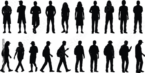 People silhouettes collection showing standing and walking men and women, human crowd figures, social diversity concept vector illustration