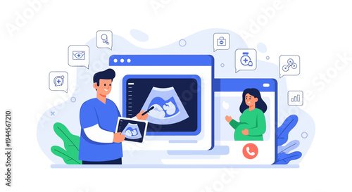 Doctor consulting a pregnant woman remotely via telemedicine, showing ultrasound images on a computer screen during a virtual appointment.