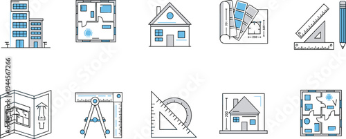 Architecture and construction blueprint icons set with building plan, house design, drafting tools, engineering symbols minimal outline illustration