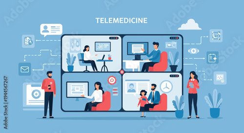 Illustration of telemedicine concept showing doctors and patients connecting remotely for online consultations and healthcare services.