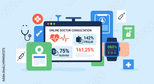 Digital health and telemedicine concept illustration featuring an online doctor consultation interface surrounded by medical icons and wearable technology.