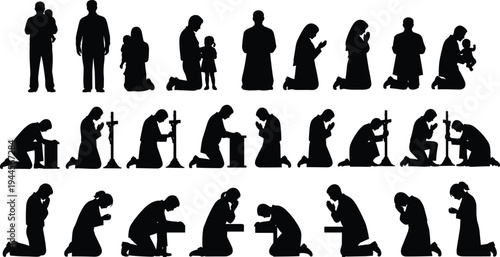 People Praying Silhouettes Collection Men Women and Parents with Children Religious Prayer Vector Set