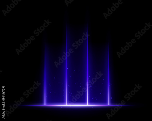 Vertical light beams composition. Bright glowing columns, soft radiant base line, scattered light dots, dark gradient backdrop, luminous haze atmosphere, abstract stage illumination effect