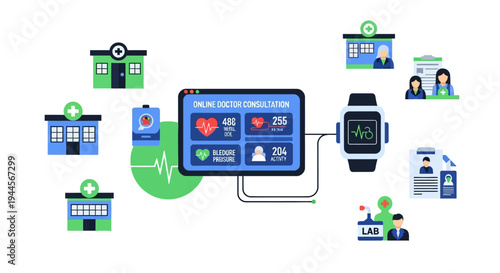 Digital healthcare ecosystem with online doctor consultation, wearable technology, hospitals, and medical services.