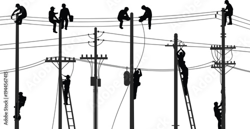 Silhouettes of workers maintaining electrical power lines on utility poles with ladders and tools
