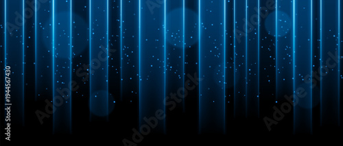 White vertical light curtain composition. Multiple glowing columns descending from top, scattered light dots, soft circular bokeh, dark backdrop, luminous haze atmosphere, abstract stage illumination.