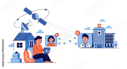 Person at home connecting to a doctor and hospital via satellite for telemedicine consultation.
