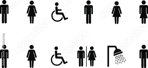Restroom and Accessibility Icons Set Male Female Disabled Toilet Shower Public Facility Vector Symbols