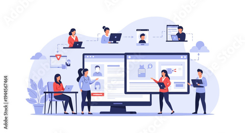 People collaborating and managing data across various digital platforms and networks.