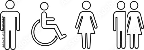 Restroom Toilet Sign Icons Male Female Disabled and Couple Bathroom Symbols Outline Vector Set