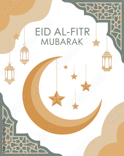 Eid al Fitr Mubarak Lanterns and Floral Design with Crescent Moon