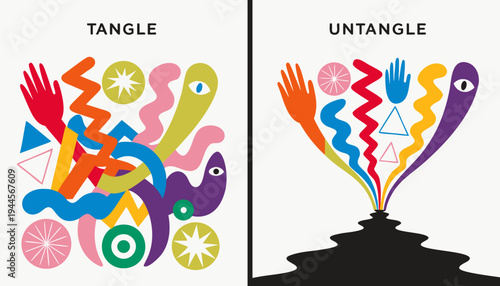 Tangle and untangle, psychotherapy and psychology concept. Tangled vector line illustration. Doodle. Abstract change graphic. Problems solution creative design concept .vector icon