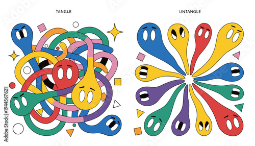 Tangle and untangle, psychotherapy and psychology concept. Tangled vector line illustration. Doodle. Abstract change graphic. Problems solution creative design concept .vector icon