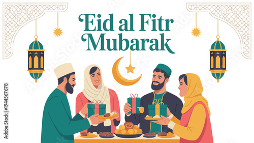 Eid al Fitr Mubarak Festival Designs with Mosque, Family, and Gifts Illustration