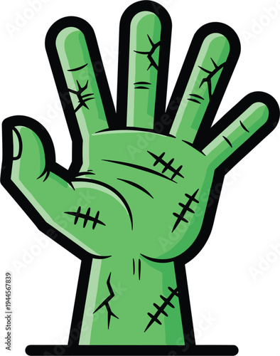 Zombie hand rising from ground, green undead monster arm with stitches and scars, spooky Halloween horror cartoon illustration isolated on white background