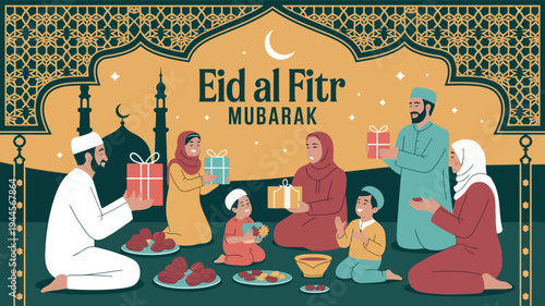 Eid al Fitr Mubarak Festival Designs with Mosque, Family, and Gifts Illustration