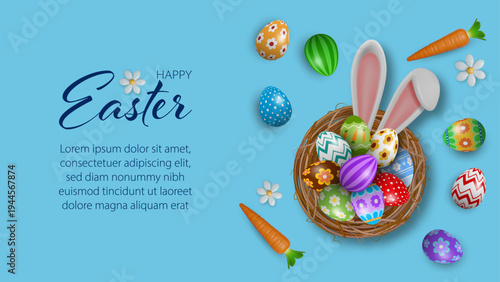 easter banner with colorful eggs , daisy, carrots and nest with bunny ears