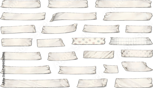 Collection of torn paper tapes with decorative patterns and textures on white background