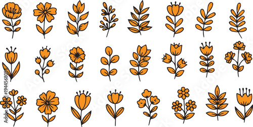 A collection of 20 unique orange and yellow flowers and leaves on white background