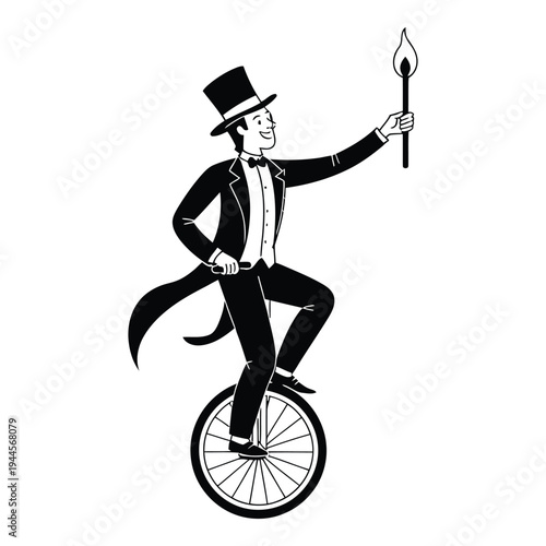Circus performer on unicycle holding torch with top hat