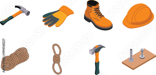Construction safety equipment and hand tools set, hammer gloves helmet boots rope bolts hardware icons industrial worker gear