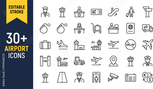Airport terminal icon set featuring pilot characters control tower security scanner flight schedule passport and various aviation symbols.