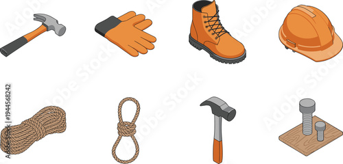 Construction safety equipment and tools set, hammer gloves helmet boots rope bolts hardware icons, industrial worker gear illustration
