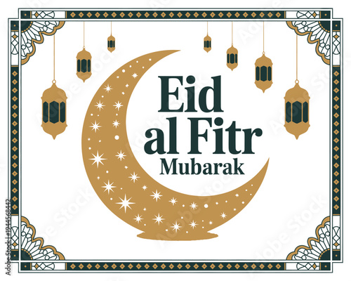 Eid al Fitr Mubarak Lanterns and Floral Design with Crescent Moon