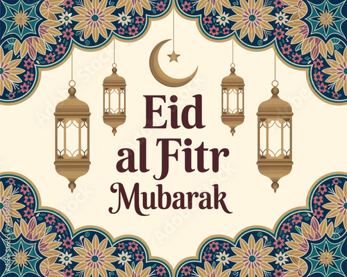 Eid al Fitr Mubarak Lanterns and Floral Design with Crescent Moon
