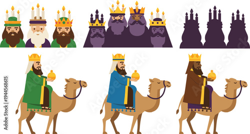 Three Wise Men Nativity Characters with Camels Epiphany Kings Christmas Religious Vector Illustration Set