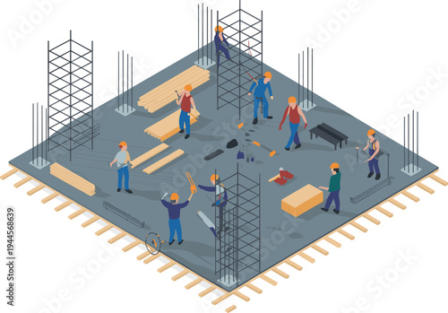 Construction workers building concrete structure, rebar framework teamwork engineering construction site builders industrial labor architecture development illustration vector