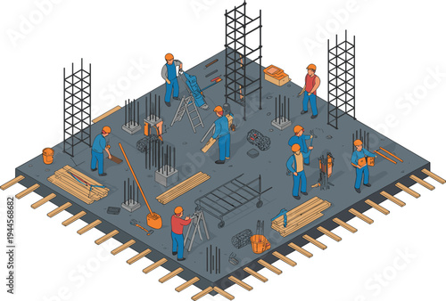 Construction workers building concrete foundation, rebar framework teamwork engineering construction site builders industrial labor architecture development isometric illustration vector