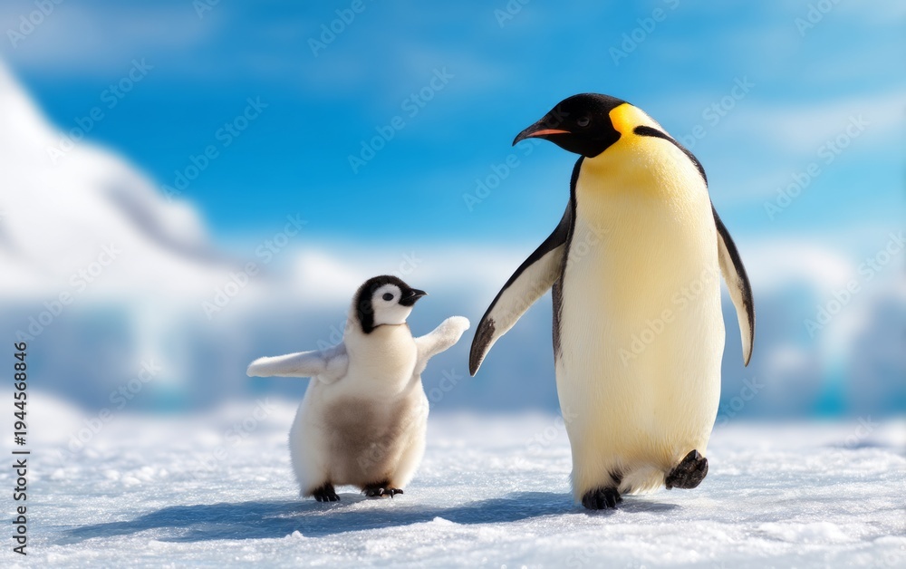 Obraz premium Researcher Guiding Penguin Chick in Icy Environment
