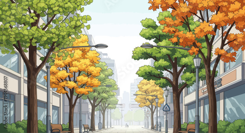 Autumn City Street Scene with Colorful Trees and Buildings