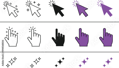 Cursor and hand click icons set, arrow pointer, finger gesture, sparkle effect, computer interface design, digital technology vector, user interaction illustration