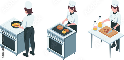 Female chef cooking food in kitchen, professional cook preparing meal frying grilling and cutting ingredients restaurant cooking illustration
