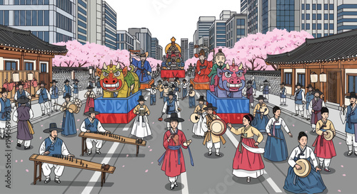Traditional Korean Parade with Hanbok Dancers and Cherry Blossoms