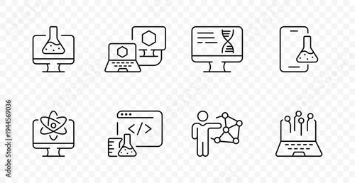 Science technology set icon. Laboratory flask, research screen, code window, molecule model, data analysis, developer, innovation, education, computing, chemistry, engineering