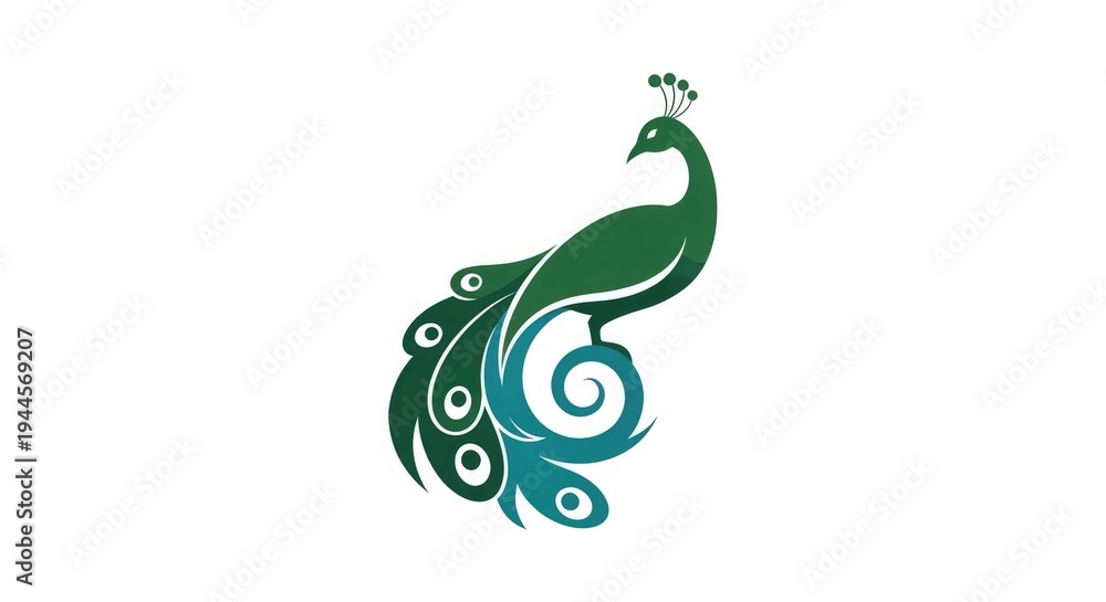 Fototapeta premium A vibrant green peacock spreads its colorful tail feathers in a whimsical illustration.