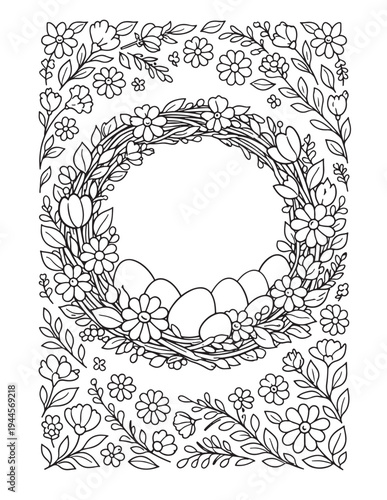 Intricate Spring Floral Wreath with Easter Eggs Coloring Page