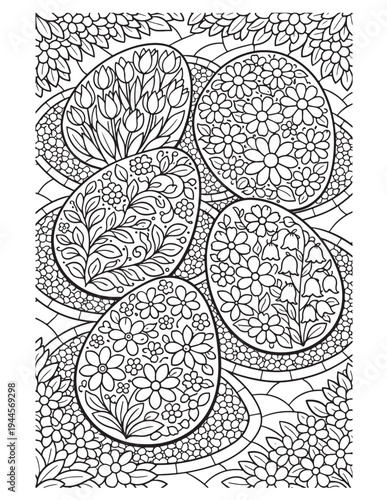 Intricate Floral Easter Egg Coloring Page for Adults and Kids with Detailed Botanical Patterns