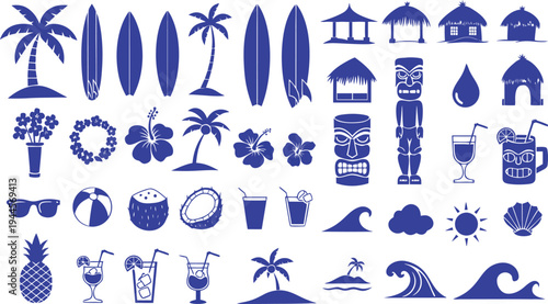 Tropical Summer Vacation Icon Set Beach And Surf Symbols