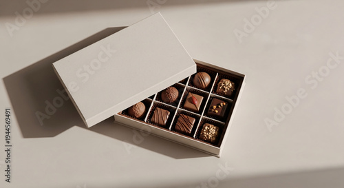 Premium chocolate gift box mockup with assorted pralines in elegant sunlight