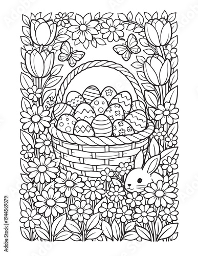 Detailed Easter Basket with Eggs, Bunny, and Spring Flowers Coloring Page for Kids and Adults