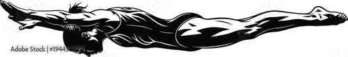 Professional athlete swimmer diving in streamline position, minimalist black and white vector illustration for competitive sports, pool training, underwater motion, and olympic aquatic events.