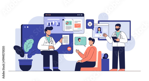 Illustration of doctors consulting with patients online, showcasing telemedicine and remote healthcare services.