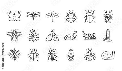 A set of minimalist insect icons in a simple line art style